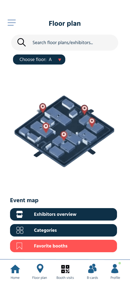 Floor plan with search, floor selector, event map, and quick actions for exhibitors and favorites