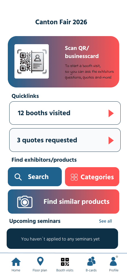 Canton Fair 2026 app home dashboard: scan QR, quicklinks, find exhibitors, and seminars