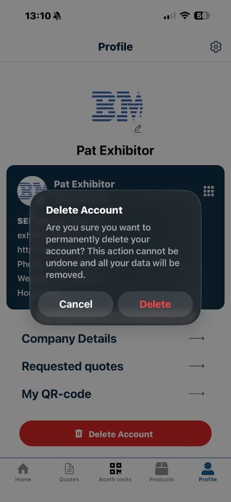 Delete Account confirmation dialog with Cancel and Delete options